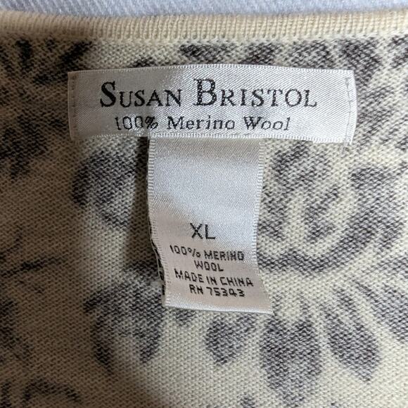 Vtg Y2K Susan Bristol Ivory Brown Damask Patterned 100% Merino Wool Cardigan XL - Picture 3 of 3